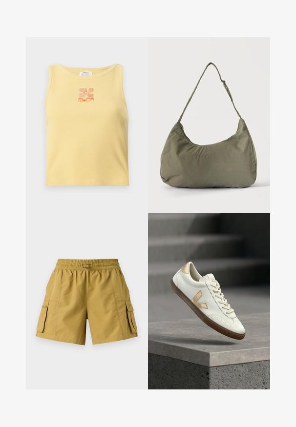 Gelbes, geripptes Tanktop mit einem kleinen, gestickten Blumenlogo in Orange in der Mitte. Schlichtes, ärmelloses Design mit rundem Halsausschnitt.; Cargo-Shorts in Khaki mit einem elastischen Bund, Kordelzug und zwei Seitentaschen. Hergestellt aus leichtem Stoff mit glatter Textur.; Weißer Ledersneaker mit goldfarbenen Akzenten, strukturierter Gummisohle und klassischer Schnürung. Die Seite zeigt ein markantes "V"-Logo in einem beigefarbenen Ton.; Olivgrüne weiche Stoff-Schultertasche mit Reißverschluss und verstellbarem Tragegurt vor einfarbig hellem Hintergrund.