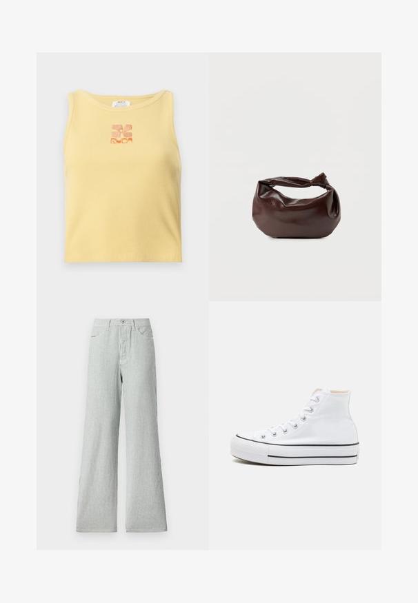 Gul ribbet tanktop med et lille, broderet blomsterlogo i orange i midten. Enkelt design uden ærmer med rund udskæring.; Stribede bukser med vidde lavet af letvægtsstof, prydet med lodrette blå og hvide striber, højt liv og frontlommer.; Hvide høj-top sneakers lavet af kanvasmateriale, sort gummisål og kontrasterende sort stribe på mellemsålen. Rund tåhætte og snørebåndsdesign.; Mørkebrun læder skuldertaske med en blød, afslappet form og et snoet knudehåndtag på en ensartet hvid baggrund.