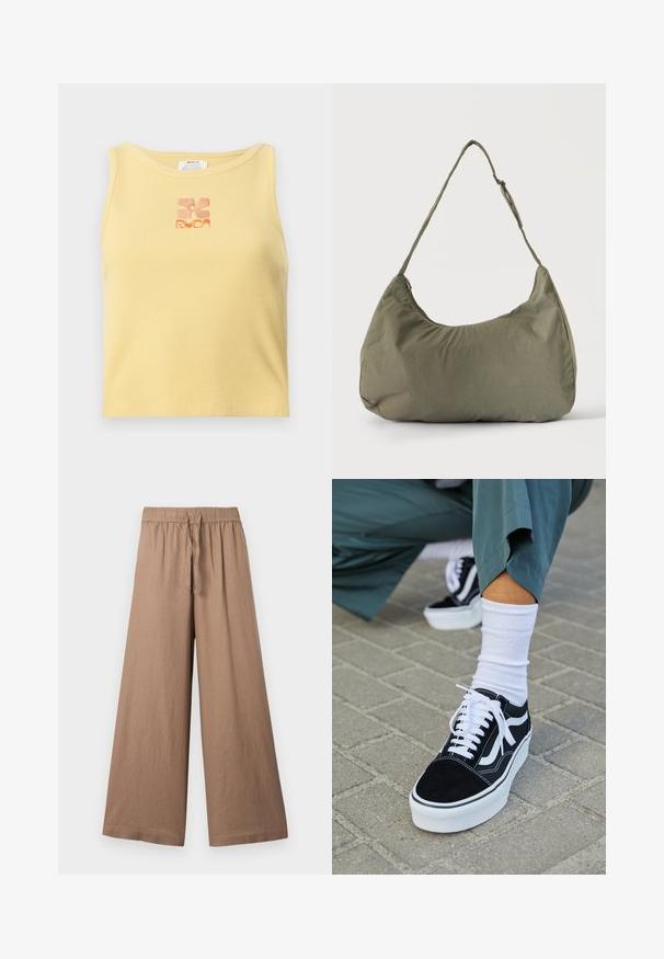 Débardeur jaune à côtes avec un petit logo floral brodé en orange au centre. Design simple, sans manches, avec un col rond.; Pantalons larges en tissu brun clair, dotés d'une taille élastique avec un cordon de serrage et d'une finition lisse et texturée.; Baskets en suède noir avec des accents et des lacets blancs, présentant une épaisse semelle blanche et des coutures contrastantes, associées à une chaussette blanche.; Sac à épaule en tissu doux vert olive avec fermeture éclair et bandoulière réglable sur un fond uni clair.