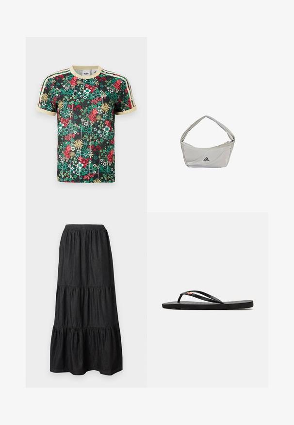 Camiseta negra de manga corta de Adidas con un colorido patrón floral, cuello beige, puños de las mangas beige y tres rayas beige en los hombros.; Falda maxi negra de capas con cinturilla elástica y paneles de tela fruncidos, mostrada extendida sobre un fondo claro.; Chanclas negras con suela plana, que presentan correas delgadas y una plantilla texturizada. Pequeño logo en la correa. Diseño simple y minimalista.; Bolso de hombro Adidas gris claro con costuras curvadas y un único compartimento con cremallera, mostrando el logo de Adidas en la parte frontal.