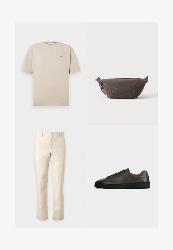 T-shirt beige à manches courtes en coton doux, avec un col rond et un logo minimaliste "Tiger of Sweden" noir sur la poitrine gauche.; Pantalon slim beige avec passants de ceinture et fermeture éclair à l'avant, présenté sur un fond neutre.; Basket basse en cuir gris foncé avec lacets et semelle noirs, design minimaliste, profil latéral sur un fond clair uni.; Sac banane en tissu marron foncé avec poche zippée en diagonale et petit logo blanc sur le devant, sur un fond clair uni.