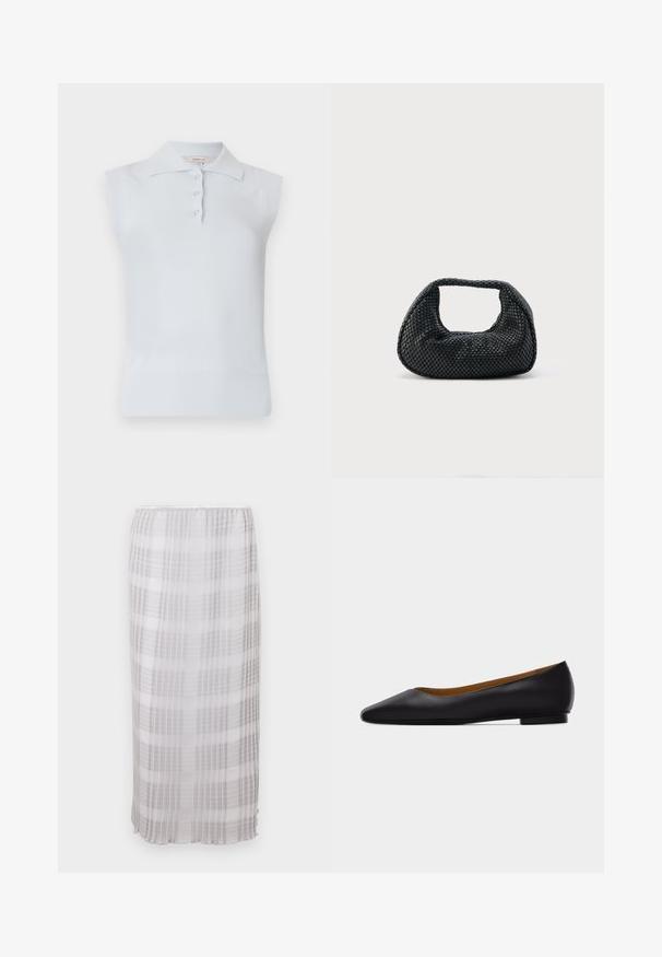 Top polo sans manches bleu clair avec un col traditionnel, patte de boutonnage à trois boutons et ourlet côtelé. Fabriqué en tissu lisse et doux.; Jupe longue et transparente en blanc avec un motif à carreaux gris. Tissu doux et léger avec une taille élastique, se terminant à la longueur de la cheville.; Chaussure plate en cuir noir à bout pointu avec talon bas et finition lisse, vue de côté sur un fond gris clair.; Sac hobo tissé noir avec une structure souple et une poignée intégrée, présenté sur un fond clair uni.
