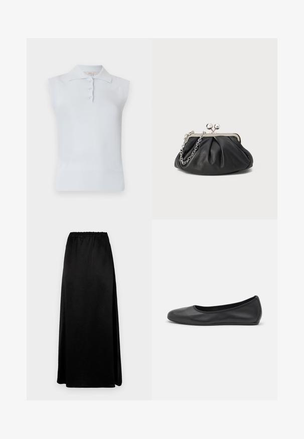 Top polo sans manches bleu clair avec un col traditionnel, patte de boutonnage à trois boutons et ourlet côtelé. Fabriqué en tissu lisse et doux.; Jupe longue noire avec une texture lisse et froissée, dotée d'une taille élastique. Présente une fente sur le côté pour plus de liberté de mouvement et une silhouette élégante.; Ballerines en cuir noir avec un bout rond, texture lisse, détails de couture minimalistes et design de semelle flexible.; Porte-monnaie en cuir noir avec texture froncée, cadre en métal argenté, fermeture à verrouillage kiss-lock et bandoulière en chaîne. Surface lisse et douce.