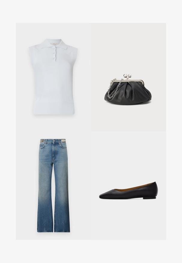 Lyseblå ærmeløs polo med traditionel krave, tre-knaps placket og ribbet kant. Fremstillet af et glat, blødt stof.; Rabanne Jeans Straight Leg - denim stone; Sort læder flad sko med spids tå, lav hæl og glat finish, vist fra siden på en lysegrå baggrund.; Sort læder clutch med samlet tekstur, sølvfarvet metalramme, kys-lås lukning og kædestrop. Glat, blød overflade.