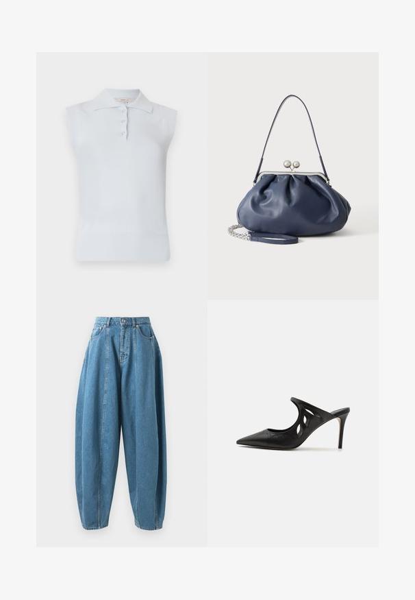 Lyseblå ærmeløs polo med traditionel krave, tre-knaps placket og ribbet kant. Fremstillet af et glat, blødt stof.; Højtsiddende, løstsiddende blå denim jeans med folder, forlommer, bæltesløjfer og knap- og lynlåslukning.; Sorte læder højhælede mules med spids tå, udskåret sideskærm og glat tekstur. Stiletthæl og subtil syning.; Blød navyblå læderhåndtaske med sølv lukning, enkelt skulderrem og aftagelig kæde til håndleddet på hvid baggrund.