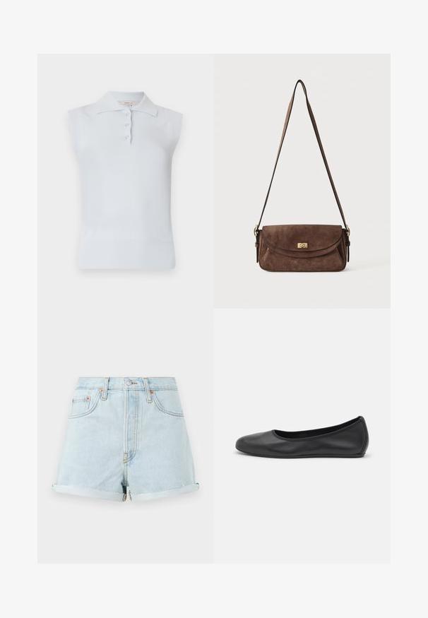 Top polo sans manches bleu clair avec un col traditionnel, patte de boutonnage à trois boutons et ourlet côtelé. Fabriqué en tissu lisse et doux.; Shorts en denim bleu clair à taille haute, avec des ourlets retroussés, des rivets en cuivre et une fermeture éclair à l'avant. Présente un style classique à cinq poches.; Ballerines en cuir noir avec un bout rond, texture lisse, détails de couture minimalistes et design de semelle flexible.; Sac bandoulière en daim marron avec une longue sangle réglable et une fermeture à tour dorée sur le rabat avant.