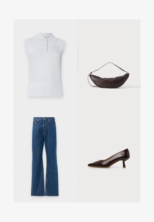 Top polo sans manches bleu clair avec un col traditionnel, patte de boutonnage à trois boutons et ourlet côtelé. Fabriqué en tissu lisse et doux.; Jean flare en denim bleu avec taille haute, comportant cinq poches, une fermeture à bouton en métal argenté et des accents de couture visibles.; Chaussure femme en cuir marron foncé à talon bas, bout pointu et boucle décorative sur fond neutre.; Sac d'épaule en cuir marron foncé en forme de croissant avec une lanière courbée et des coutures visibles sur fond uni.