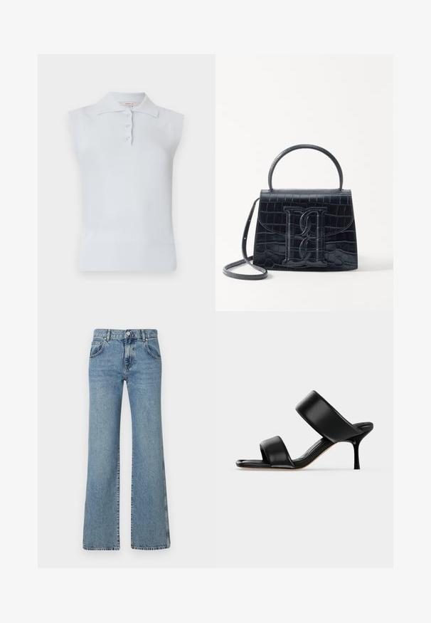 Lichtblauw mouwloos polo shirt met een traditionele kraag, drie knopen, en geribbelde zoom. Gemaakt van een gladde, zachte stof.; Lichtblauwe, flared jeans van denimstof, met een tailleband met een knoopsluiting, vijf zakken en een klassiek gestikt ontwerp.; Zwarte leren mule sandaal met twee brede banden en een slanke, middelhoog stilettohak op een effen lichte achtergrond.; Zwarte handtas van krokodillleer met een gestructureerd ontwerp, bovenhandvat, verstelbare schouderband en een opvallend voorlogo.