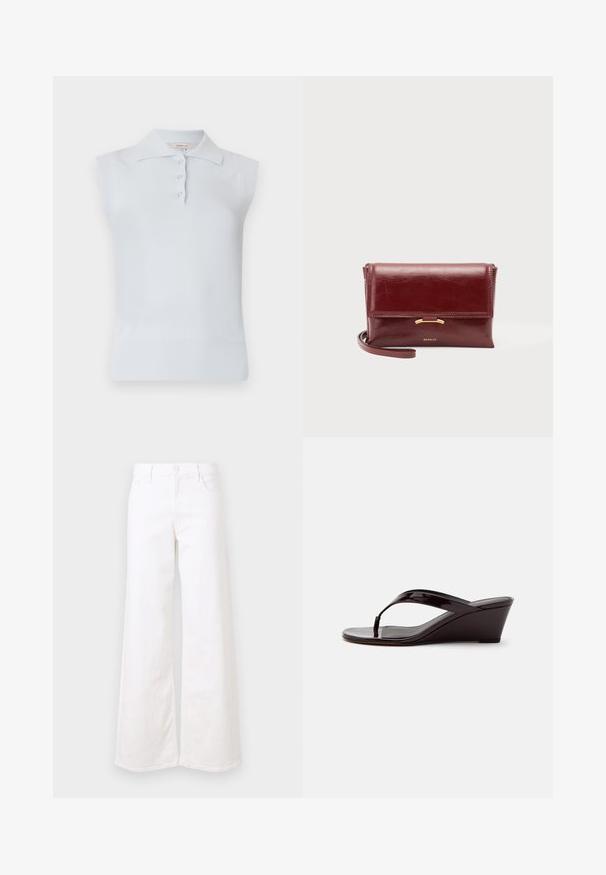 Top polo sans manches bleu clair avec un col traditionnel, patte de boutonnage à trois boutons et ourlet côtelé. Fabriqué en tissu lisse et doux.; Jean large blanc en denim, avec poches avant, fermeture à bouton et coupe décontractée. Texture lisse avec un minimum de détails.; Sandale compensée en cuir verni marron avec bride entre les orteils et bout ouvert, vue de profil sur un fond uni.; Petit sac pochette en cuir bordeaux avec fermeture à rabat, accent doré et bracelet poignet, posé sur un fond uni.