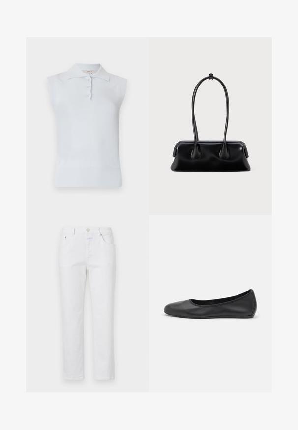 Helles blaues ärmelloses Poloshirt mit traditionellem Kragen, dreifachem Knopfverschluss und geripptem Saum. Hergestellt aus einem glatten, weichen Stoff.; Weiße Jeans mit geradem Bein, fünf Taschen und einem Metallknopfverschluss. Verfügt über eine dezente Textur und helle Nähte.; Schwarze Leder-Ballettschuhe mit abgerundeter Spitze, glatter Textur, minimalen Nähdetails und einem flexiblen Sohlen-Design.; Schwarze Lederhandtasche mit zwei langen Griffen, glatter Textur und einer abgerundeten Basis mit dekorativen Akzenten an den Seiten.