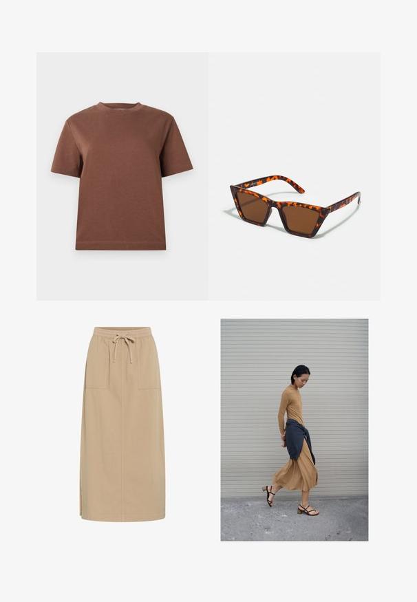 T-shirt en coton marron avec un col rond, des manches courtes et une coupe décontractée. Texture lisse et sans motifs ni embellissements visibles.; Jupe en coton beige avec une taille à cordon, deux poches latérales, coupe droite et fentes sur les côtés pour plus de liberté de mouvement. Texture lisse.; Femme marchant en robe longue beige et sandales noires, un pull foncé noué autour de la taille, devant un fond de volet fermé.; Lunettes de soleil teintées de brun avec un motif écaille de tortue, monture angulaire et branches fines. Matériau en plastique léger.