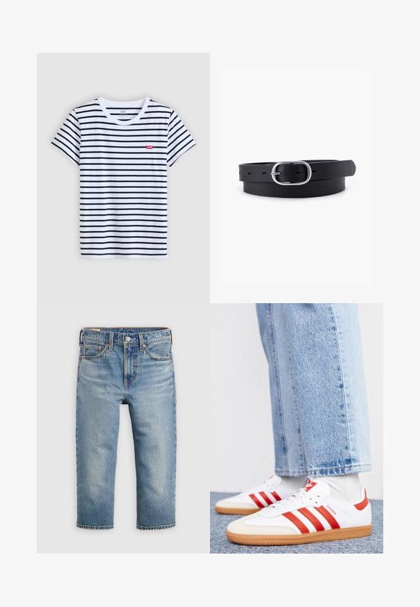 Weißes T-Shirt mit kurzen Ärmeln und marineblauen horizontalen Streifen, rundem Ausschnitt und kleinem rotem Levi's-Logo auf der linken Brust. Weiches Baumwollmaterial.; Hellblaue Jeans aus Denim mit lockerem Schnitt, verkürzter Länge, fünf Taschen und Metallknopfverschluss. Verblasste Textur mit dezenten Nähdetails.; Weiße Leder Sneaker mit roten Streifen und Akzenten. Verfügt über eine strukturierte Gummi-Laufsohle und einen gepolsterten Schaft. Tragen mit hellblauer Jeans.; Schwarzer Leder Gürtel mit glatter Textur, ovaler silberner Metallschnalle und mehreren Einstelllöchern entlang des Riemens. Flaches, minimalistisches Design.