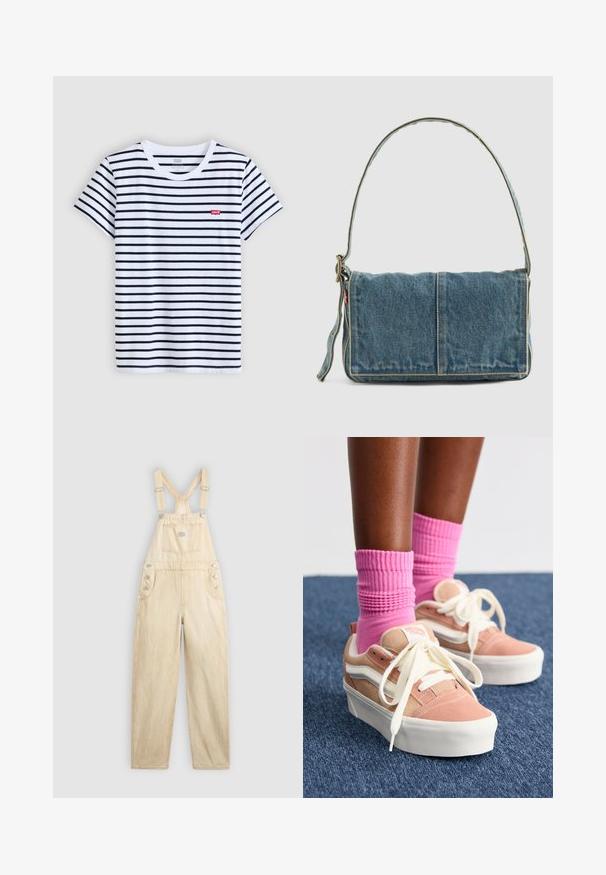 Wit T-shirt met korte mouwen en marineblauwe horizontale strepen, ronde hals en een klein rood Levi's-logo op de linkerborst. Zacht katoenen materiaal.; Lichtbeige overall van denim, met een vierkante zak, verstelbare banden, drukknoopsluitingen aan de zijkant en een wijde pijp.; Roze suède sneakers met witte accenten, voorzien van een gevoerde tong, witte veters en gecombineerd met geribbelde roze sokken op een blauwe vloerbedekking.; Denim schoudertas met een opvouwbaar ontwerp, lichtblauwe kleur, zichtbare stiksels, verstelbare schouderband en een zijlabel accent.