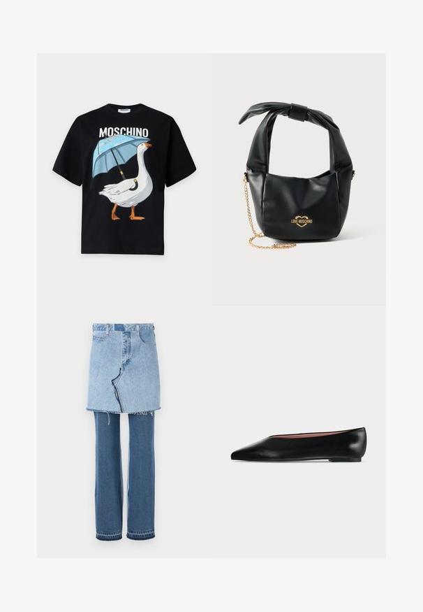 Sort Moschino T-shirt med en grafik af en hvid gås, der holder en blå paraply, og brandnavnet ovenover.; Denim beklædning, der kombinerer en lys blå miniskørt ovenfor og mørkeblå udvidede jeans nedenfor; har frynset kant og klassisk denimtekstur.; Sort damesko i læder med flad hæl og spids tå, vist fra siden på en ensfarvet lys grå baggrund.; Sort blød læder Love Moschino håndtaske med knyttet håndtag og guldkæde-strop på hvid baggrund.
