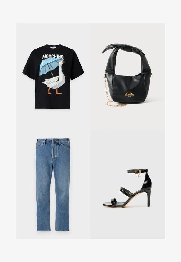 Μαύρο T-shirt Moschino με γραφικό μιας λευκής χήνας που κρατάει μια μπλε ομπρέλα και το όνομα της μάρκας από πάνω.; Ανοιχτό μπλε τζιν παντελόνι με κανονική γραμμή, διαθέτει φερμουάρ, πέντε τσέπες και διακριτές ραφές. Χωρίς διακοσμητικά στοιχεία ή σχέδια.; Μαύρη λουστρίνι σανδάλι με τρεις λωρίδες, πόρπη στον αστράγαλο και τακούνι στιλέτο 10 εκ. Διαθέτει χρυσά μεταλλικά στοιχεία και λογότυπο.; Μαύρη μαλακή δερμάτινη τσάντα Love Moschino με δεμένη λαβή και χρυσή αλυσίδα σε λευκό φόντο.