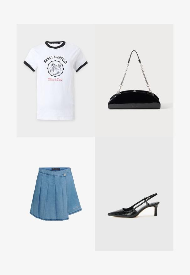 Camiseta blanca de manga corta con cuello y puños negros, con una ilustración de gato, texto "KARL LAGERFELD" arriba y "Muse & Diva" abajo en rojo.; Falda de mezclilla en azul claro con diseño plisado, cierre de botón metálico y detalle bordado en el dobladillo. Textura suave y forma de línea A.; Tacón slingback negro de charol con punta afilada, que presenta un estampado de serpiente texturizado, correa ajustable y un tacón bloque corto y texturizado.; Bolso negro brillante con cadena plateada y pequeño logo KARL LAGERFELD en el frente, sobre un fondo liso y claro.