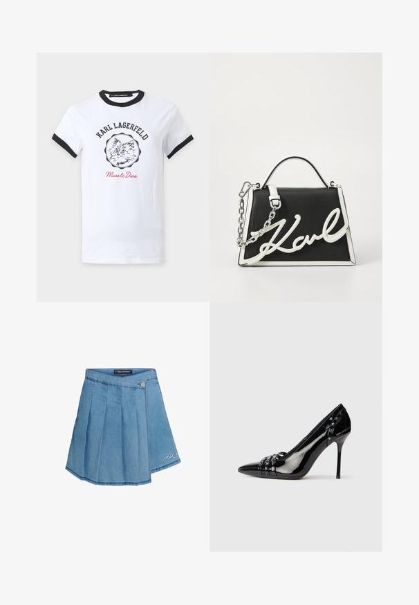 Hvid T-shirt med korte ærmer med sort krave og manchetter, med en katteillustration, "KARL LAGERFELD" tekst over og "Muse & Diva" nedenunder i rødt.; Lyseblå denimnederdel med plisseret design, metalknaplukning og broderet detalje i kanten. Glat tekstur og A-formet silhouette.; Sorte patentlæder stiletto hæl sko med spids tå, tre dekorative remme med nitter, og "Karl Lagerfeld" branding på hælen.; Sort læderhåndtaske med hvide accenter. Har kædstrap, struktureret form og fremtrædende hvidt logo detaljer. Glat tekstur.