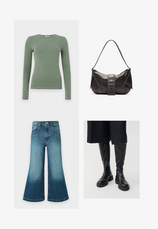 Top de punto acanalado de manga larga con cuello redondo en verde apagado y silueta entallada.; Vaqueros azul denim de pierna ancha con cintura alta, botón frontal, trabillas para cinturón y detalles desgastados en los muslos y la parte baja de las piernas.; Botas de cuero negras hasta la rodilla con una textura suave, suelas gruesas y cremalleras laterales. El diseño presenta un sutil detalle de costura.; Bolso de hombro de cuero marrón con forma curva, que presenta un prominente detalle de hebilla, costuras en contraste y una sola correa para el hombro.
