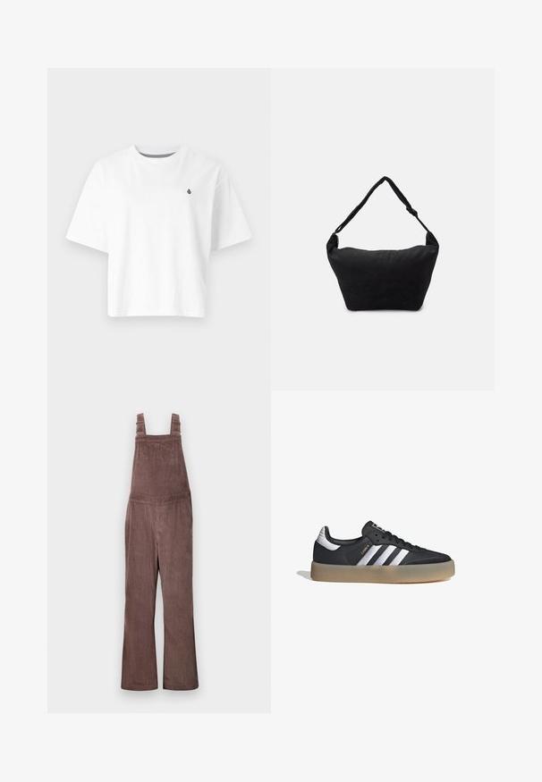 Camiseta de algodón blanca, diseño cortado, mangas cortas, cuello redondo, que presenta un pequeño logo negro en el lado izquierdo del pecho.; Pantalones de tirantes de pana marrones con tirantes ajustables, piernas anchas y textura de estrías verticales. Presenta bolsillos laterales y un ajuste relajado.; Zapatilla deportiva de cuero negro con tres rayas plateadas, punta texturizada y suela de goma. Cuenta con un collar acolchado y un diseño con cordones.; Bolso de hombro de tela negro con una superficie suave y texturizada, forma redondeada y una sola correa. Diseño minimalista sin hardware ni acentos visibles.