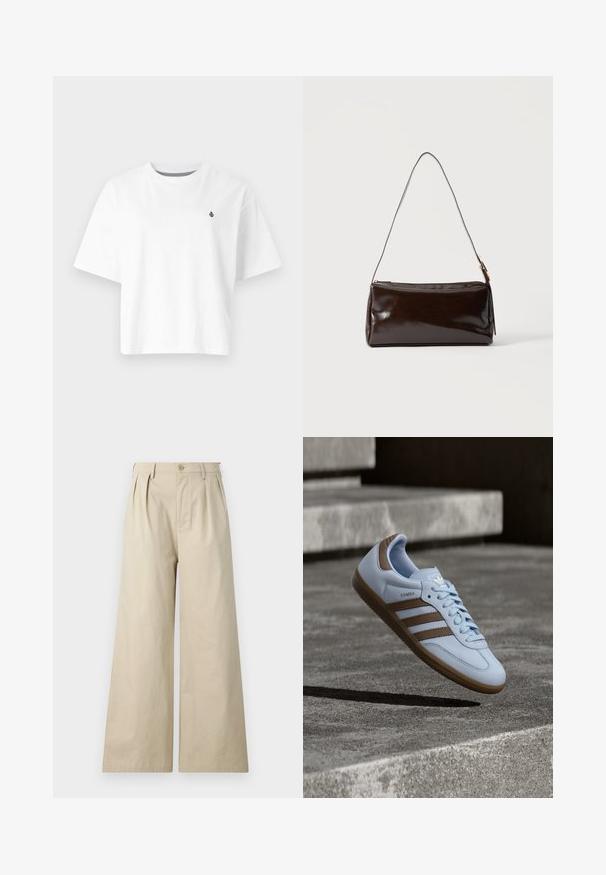 T-shirt en coton blanc, design court, manches courtes, col rond, avec un petit logo noir sur la poitrine gauche.; Pantalons larges beiges en coton, avec des plis, une fermeture à bouton et des poches latérales, au toucher lisse et doux.; Baskets bleu clair avec accents en daim marron, présentant trois bandes latérales, des lacets plats et une semelle en gomme texturée. Logo de la marque sur la languette.; Sac à bandoulière rectangulaire en cuir marron foncé avec une seule sangle fine et une boucle dorée sur un fond uni.