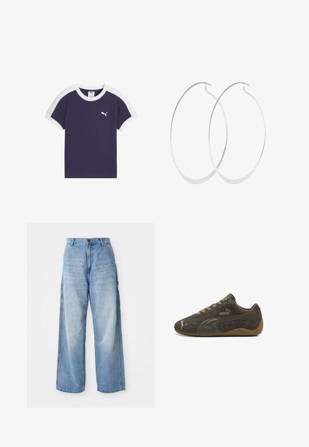 Marineblauw T-shirt met korte mouwen, witte accenten op de schouders, een ronde halslijn en een klein wit logo op de borst. Zacht katoenen materiaal.; Lichtblauwe wijde jeans met een hoge taille, voorzien van zijzakken en een vervaagde textuur, vervaardigd uit denim materiaal.; Bruine Puma sneaker met luipaardprint, beige logo aan de zijkant en op de neus, en een gumkleurige zool, gezien vanaf de buitenkant.; Zilveren oorringen met een dun, glad ontwerp; langwerpige ovale vorm; gepolijste afwerking; voorzien van een veilige haaksluiting.