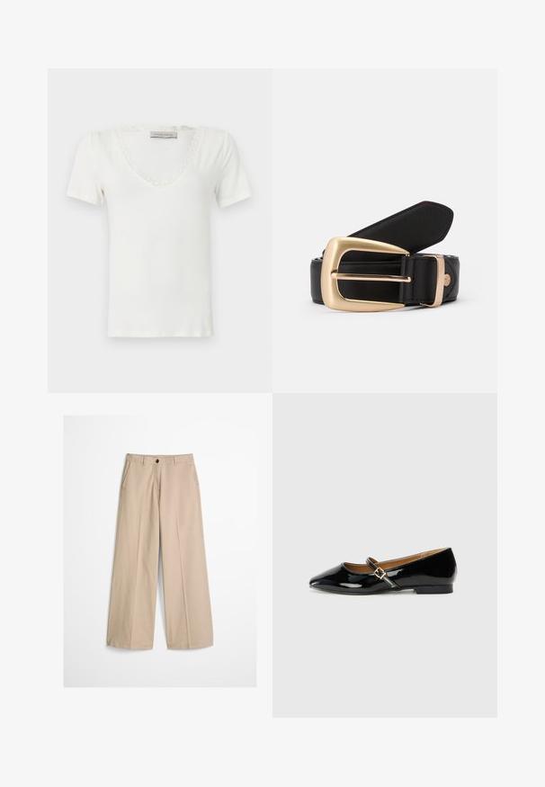 Witte korte mouw V-hals top met kanten rand langs de halslijn, gelabeld Anna Field, getoond tegen een effen achtergrond.; Beige wijde pijpen broek met een voorvouw, riemlussen, knoopsluiting en een klein stoffen label aan de rechterkant van de tailleband.; Zwarte patenten leren ballerina met een spitse neus, enkelband met een goudkleurige gesp en een lage blokhak. Glad, glanzend oppervlak.; Zwarte leren riem met een gouden rechthoekige gesp. De riem heeft een gladde textuur en een subtiele stikselafwerking langs de randen.
