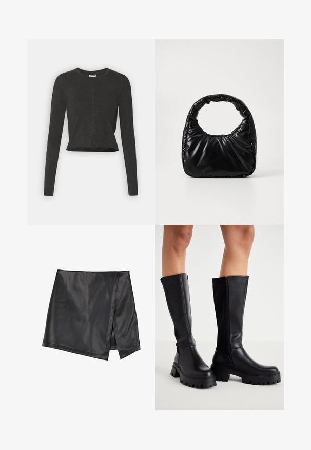 Zwarte langesleeve crop top met een ronde halslijn, voorzien van een subtiele versleten textuur en een rechte zoom. Geen zichtbare hardware.; Even&Odd by Zalando Minirok - black; Zwarte kniehoge laarzen van glad synthetisch leer met een dikke zool, zijrits en een ronde neusontwerp.; Zwarte gevoerde handtas met een ronde handgreep, met een gladde, glanzende oppervlakte en een zachte, gewatteerde textuur. Geen zichtbare metalen onderdelen of accenten.