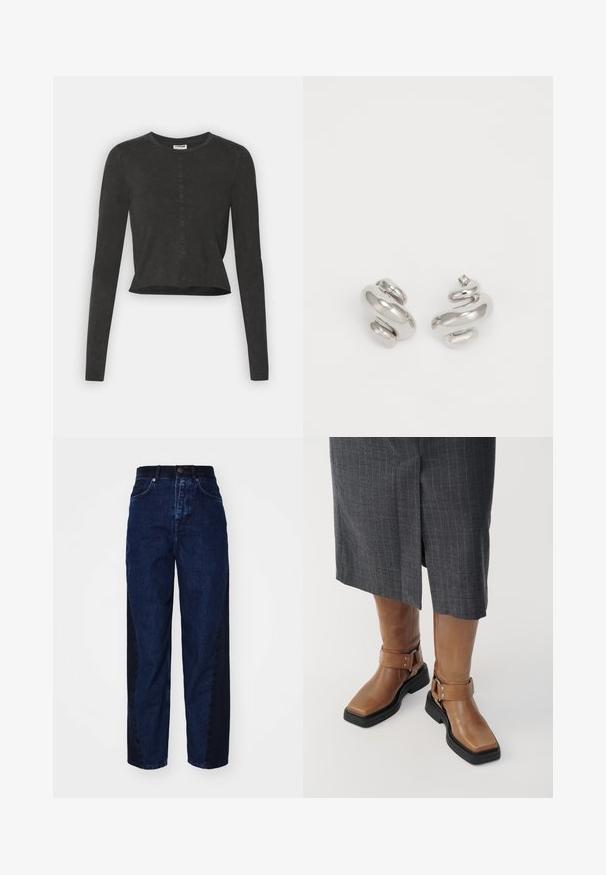 Schwarzes, langärmeliges, kurzes Oberteil mit rundem Halsausschnitt, das eine dezente, abgenutzte Textur und einen geraden Saum hat. Keine sichtbaren Beschläge.; Dunkelblaue Denim Jeans mit entspannter Passform, ausgestattet mit einem kontrastierenden, dunkleren seitlichen Einsatz, fünf Taschen und einem Knopfverschluss.; Braune Lederknief boots mit quadratischer Spitze, schwarzem Gummisohle und verstellbarem Riemen mit Schnalle. Tragen mit einem grauen Nadelstreifenrock.; Silberne Creolen mit spiralförmigem Design. Glatte, reflektierende Oberfläche mit kleinen Akzentkurven. Kompakte Form, die sich für ein leichtes Tragen eignet.