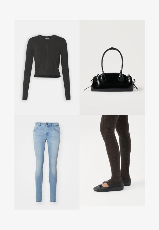 Musthave musta pikka varrukaga lühike topp ümmarguse kaelusega, millel on peen kulunud tekstuur ja sirge äär. Ilma nähtavate metalldetailideta.; Heled sinised kitsad teksad, valmistatud denimist, kõrge vöökohaga, viie tasku disainiga ja kerge kulumisega, et luua juhuslik välimus.; Jalad seljas tumedad soonelises soonelises kombines mustade baleriinadega, millel on väikesed paelade detailid valgel taustal.; Väike must läikiv käekott kahe pika sangaga ja külgedel paelakinnitustega, ühel lihtsal helel taustal.
