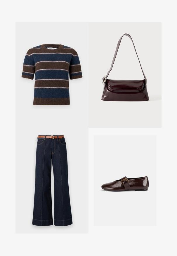Kortærmet, blød sweater med horisontale striber i brun, marineblå og lysegrå, rund halsudskæring og ribbet kant på hvid baggrund.; Mørkeblå denim wide-leg jeans med høj talje, brun bælte og synlige syningsdetaljer. Har forlommer og en afslappet pasform.; Mørkebrun laklædersko med stor guldlås og rund tå, vist i sideprofil på hvid baggrund.; Mørk bordeaux skuldertaske i læder med klaplukning og en tynd justerbar rem, vist på en ensfarvet lys baggrund.