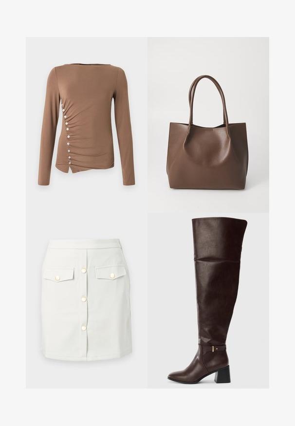 Haut marron à manches longues en tissu extensible, présentant un design froncé sur le côté avec des boutons blancs le long de la couture gauche et un ourlet asymétrique.; Mini-jupe blanche avec boutons-pression dorés à l'avant et deux poches à rabat ornées de boutons dorés, sur fond uni.; Bottine en cuir marron foncé hauteur genou avec un talon large et un détail de sangle décorative sur le côté, présentée sur un fond clair uni.; Sac en cuir marron avec deux longues poignées, forme structurée, texture lisse et design minimaliste. Aucun matériel ni accent visible.