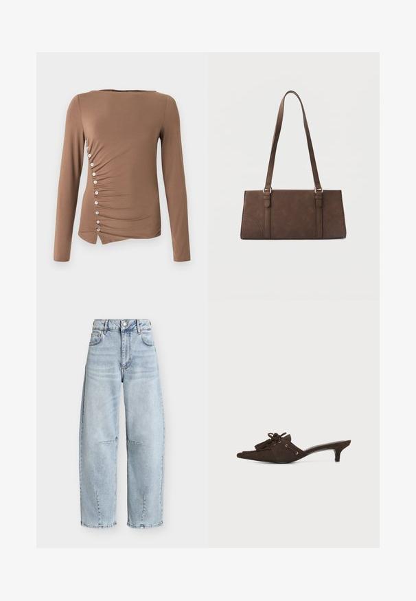 Haut marron à manches longues en tissu extensible, présentant un design froncé sur le côté avec des boutons blancs le long de la couture gauche et un ourlet asymétrique.; Jean large taille haute bleu clair avec poches avant, passants pour ceinture, fermeture par bouton, et détails discrets de coutures aux genoux et à l'ourlet.; Mule pointue en daim brun foncé avec un petit talon kitten, pampilles décoratives et détail en dentelle sur fond blanc.; Sac à bandoulière rectangulaire marron avec longues sangles et détails de couture minimalistes sur un fond uni.