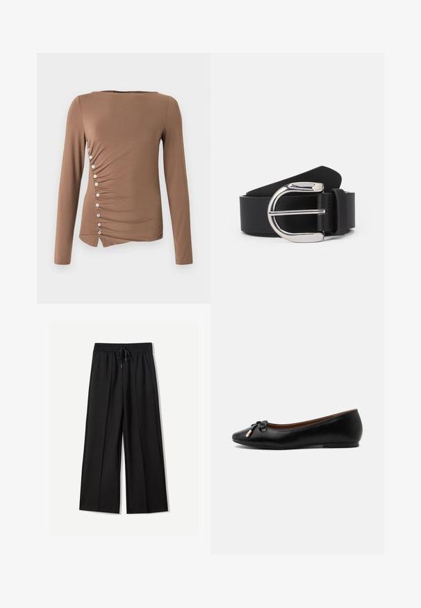Bruine top met lange mouwen van rekbare stof, met een geplooid zijdetail en witte knopen langs de linkernaad en een asymmetrische zoom.; Zwarte wijde broek van zachte stof. Voorzien van een elastische tailleband met een trekkoord en twee zijzakken. Platte voorkant met plooien.; Zwarte leren ballerina met een afgeronde neus, een klein strikje met goudkleurige uiteinden en een lage platte hak op een grijze achtergrond.; Zwarte leren riem met een zilveren metalen gespan, met een gladde textuur en een klassiek ontwerp. De riem heeft een breedte van 3,8 cm.