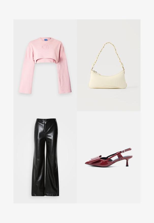Roze cropped sweatshirt met lange mouwen, voorzien van een ronde hals en een geprofileerd logo op de borst. Zacht, glad katoenmateriaal.; Zwarte leren wijde broek met een gladde textuur, hoge taille en een verborgen ritssluiting aan de voorkant. Tailored fit met een nette afwerking.; Rode patenten leren slingback kitten heels met een spitse neus en grote strikdetail op de bovenkant tegen een witte achtergrond.; Kleine handtas in crèmekleur met een gebogen vorm en gevlochten kettinghengsel in goudkleur, ritssluiting aan de bovenkant
