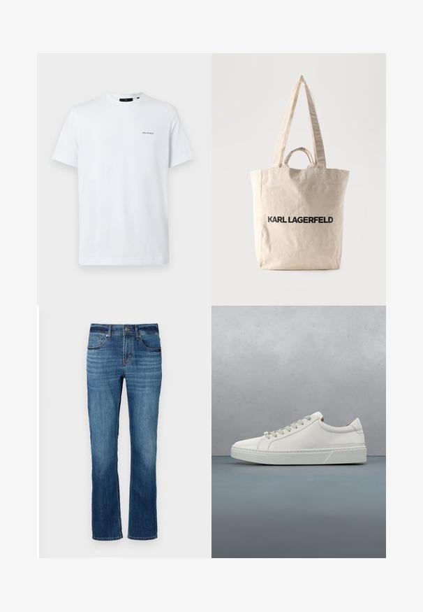 Weißes Baumwoll-T-Shirt mit kurzen Ärmeln, geripptem Rundhalsausschnitt und einem kleinen grauen "BELSTAFF"-Logo auf der linken Brustseite.; Blaue Jeans aus Denim mit geradem Bein, fünf Taschen, leichter Verwaschung und kupferfarbenen Nähten. Mit einem normalen Bündchen vollendet.; Weißes Leder-Sneaker mit abgerundetem Zehenbereich, minimalistisches Design, graue Schnürsenkel und einer strukturierten grauen Gummisohle. Dezente Nähte sichtbar.; Beige Leinwand-Shopper mit langen und kurzen Griffen, auf der Vorderseite mit dem Aufdruck "KARL LAGERFELD" in fetten schwarzen Buchstaben.