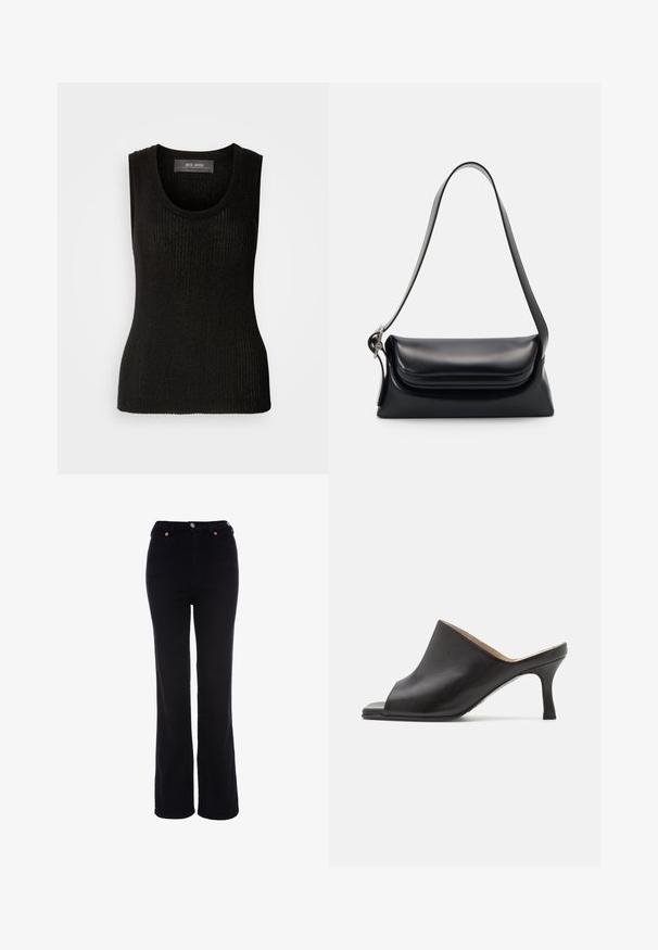 Mos Mosh RELENA IMANJA TANK - Toppi - black; Musta korkeavyötäröiset suoralahkeiset housut, joissa on nappi- ja vetoketjusuljin, vyölenkit ja etutaskut.; Selected ASHLEY - Korolliset pistokkaat - black; Musta nahkainen käsilaukku, jossa on jämäkkä muoto, sileä pinta ja yksi olkahihna. Sisältää hienovaraisen, pyöristetyn läppädesignin.