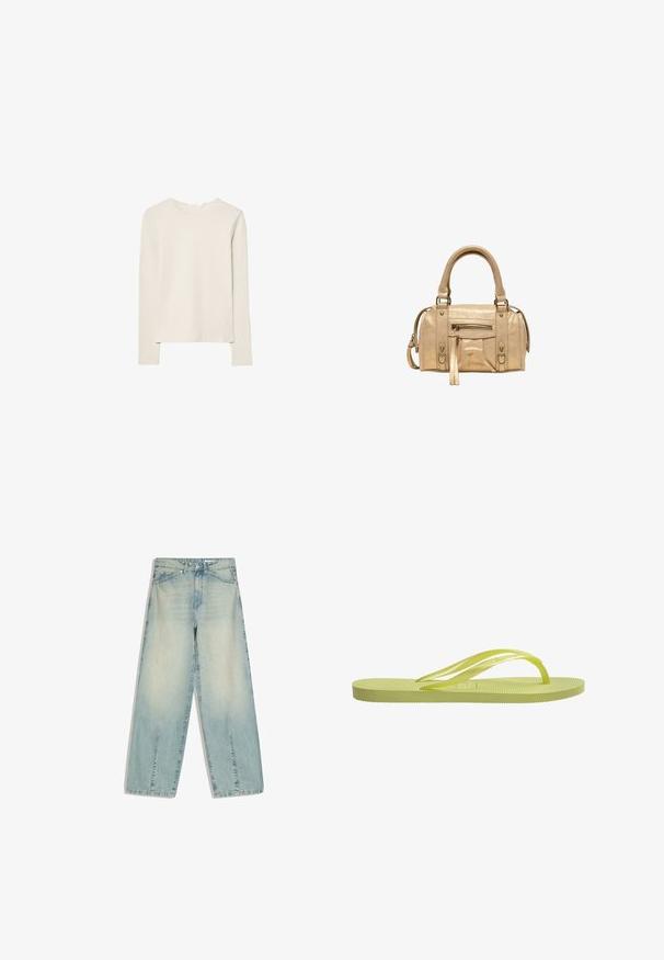 Lys beige langærmet top lavet af blød stof, med rund halsudskæring og en afslappet pasform med lige kant og minimal syning detaljer.; Lyseblå denimjeans med vide ben, forlommer, bæltestropper, knaplukning og diskrete falmede detaljer.; Limegrøn flip-flop med ribbet sål, tynde stropper og struktureret fodseng. Fremstillet af gummi, med et minimalistisk design og glat overflade.; Stradivarius Håndtasker - beige