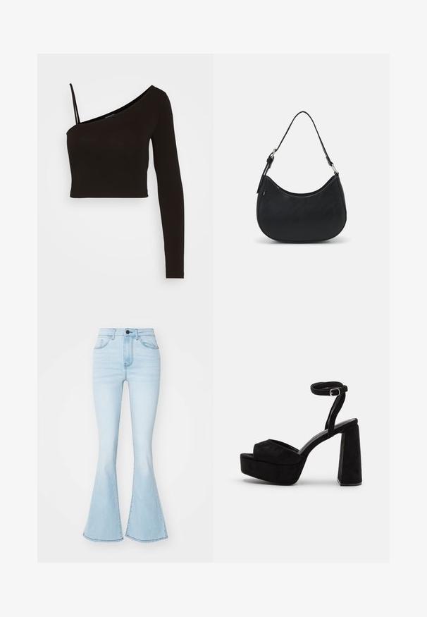 Even&Odd Top s dlhým rukávom - black; Svetlo modré rozšírené džínsy z denimového materiálu, s vysokým pásom, piatimi vreckami a zipsom s jedným gombíkom na zapínanie.; Čierne platformové sandále s semišovou textúrou, širokým predným pásom, opaskom okolo členku so sponou a mohutným blokovým podpätkom. Elegantný a moderný dizajn.; Čierna taška hobo vyrobená z hladkej kože s prehnutým siluetou, s jedným nastaviteľným popruhom a minimalistickými dizajnovými detailmi.