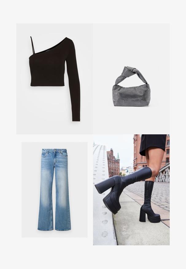 Even&Odd by Zalando Longsleeve - black; Lichtblauwe denim flared jeans met een vervaagde textuur, hoge taille en vijf-pocketdesign, voorzien van een knoop- en ritssluiting.; Zwarte kniehoge platformlaarzen van glad leder, met dikke vierkante hakken en een slank ontwerp, tegen een stadsachtergrond.; Zwarte en zilveren handtas met een gestructureerd oppervlak dat een diamanten patroon vertoont, een geknoopt handvat en een gestructureerde vorm.