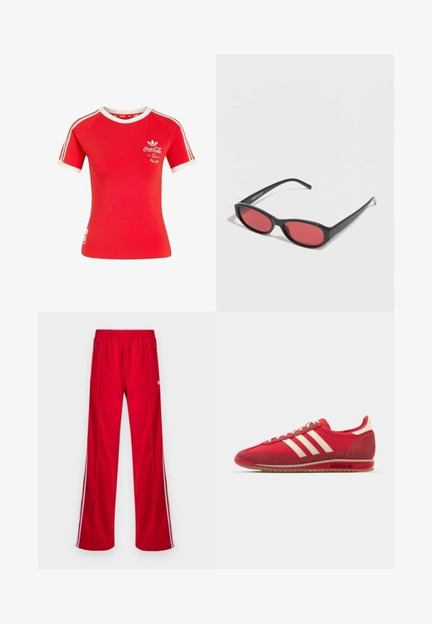 Rode Adidas T-shirt met korte mouwen, witte strepen op de mouwen, een witte kraag en een Coca-Cola-logo met de tekst "Ice Cold" op de borst.; Rode sportieve broek met een losse pasvorm, elastische tailleband, twee zijzakken en witte zijstrepen. Gemaakt van glad, synthetisch materiaal.; Rode sportieve sneaker met een gestructureerde bovenzijde, drie witte strepen, ronde neus en een rubberen zool met logo-details aan de zijkant.; Zwarte ovale zonnebril met slanke pootjes en rood getinte glazen, rustend op een witte ondergrond.