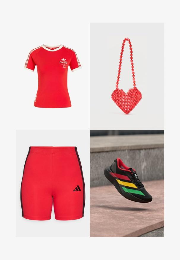 Rød Adidas T-shirt med korte ærmer, hvide striber på ærmerne, hvid krave og Coca-Cola-logo med teksten "Ice Cold" på brystet.; Røde atletiske shorts lavet af strækbart stof, med sorte sidelæder og et lille sort logo nederst til venstre. Glat tekstur, tætsiddende design.; Sort atletiksko med røde, gule og grønne striber svæver over en stenovert flade udendørs.; Rød perlebesat håndtaske formet som et hjerte med en matchende perlebesat strop mod en ensfarvet hvid baggrund.