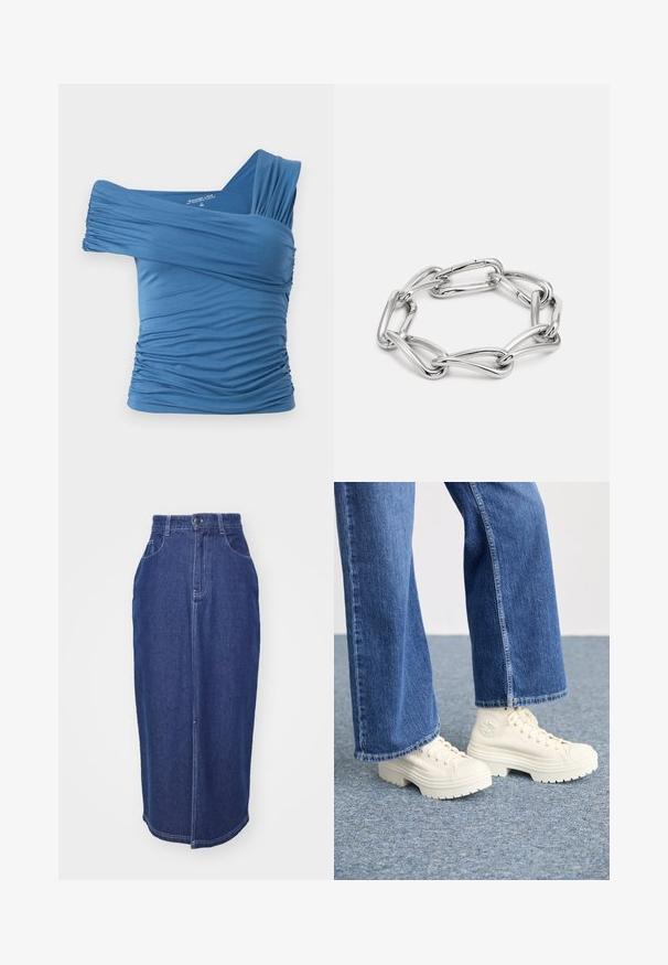 Blaues, schulterfreies Oberteil aus dehnbarem Material mit Raffungen an den Seiten und einem breiten Trägerdesign. Glatte Textur.; Denimrock in Dunkelblau mit hoher Taille, gerader Form, Fronttaschen und einer Mittelnaht. Saum abgeschlossen mit minimalen Details.; Weiße High-Top-Sneaker mit dicken, geriffelten Sohlen und kreisförmigem Logodetail, getragen mit hellblauen, weit geschnittenen Jeans.; Silberner Metallarmband mit elongated und miteinander verbundenen ovalen Formen, einer glatten, polierten Oberfläche und einem einheitlichen Glanz.