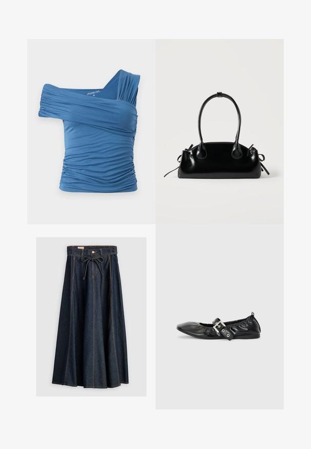 Haut bleu, à épaules dénudées, en tissu extensible avec des détails froncés sur les côtés et une conception à une seule bretelle large. Texture lisse.; Levi's® XL SKIRT - Jupe en jean - square circle; Chaussure plate en cuir noir avec un nez pointu, des détails froncés autour de l'ouverture et un accent en boucle argentée sur la bride ajustable.; Petit sac à main noir brillant avec deux longues anses et des détails à cordon sur les côtés sur un fond clair uni.