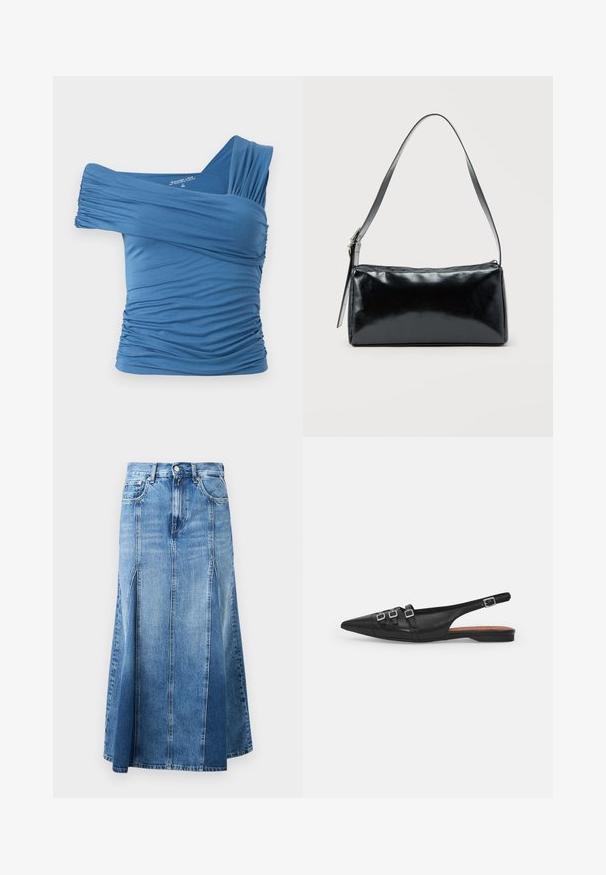 Top azul, sin mangas y con un solo tirante, hecho de un tejido elástico con detalles fruncidos en los laterales. Textura suave.; Falda de mezclilla con un degradado de azul claro a oscuro, hasta la rodilla, de corte recto, con aberturas frontales y cierre clásico de botones y cremallera.; Zapato plano slingback de cuero negro con puntera puntiaguda, que presenta dos correas horizontales y hebillas plateadas cuadradas, tacón bajo y textura suave.; Bolso de hombro rectangular negro con una correa ajustable y un cierre de cremallera superior sobre un fondo liso.