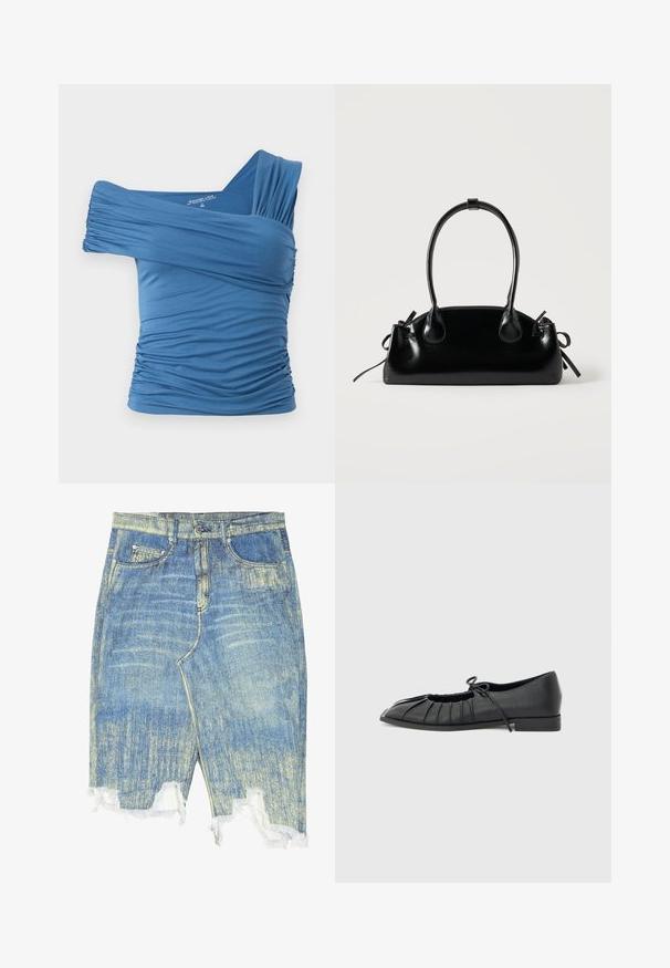 Blaues, schulterfreies Oberteil aus dehnbarem Material mit Raffungen an den Seiten und einem breiten Trägerdesign. Glatte Textur.; Jeansrock in Hellblau mit verwaschenem Muster, hoher Taille, ausgefranstem Saum und fünf Taschen. Mit Metallbeschlägen und Gürtelschlaufen.; Schwarzer flacher Schuh mit plissiertem Vorderteil und einer gebundenen Schleife oben, niedriger Absatz und glatter Textur auf hellgrauem Hintergrund.; Kleine schwarze glänzende Handtasche mit zwei langen Griffen und seitlichen Kordelzug-Details vor einfachem hellem Hintergrund.