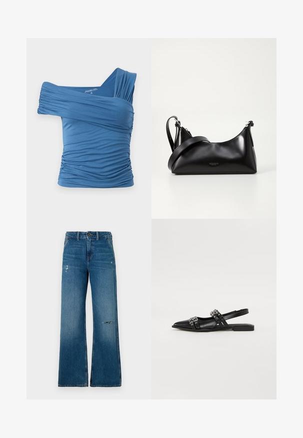 Blauwe off-shoulder top van rekbare stof met ruching details aan de zijkanten en een enkele brede band. Glad textuur.; Blauwe denim wijde jeans met een vervaagde textuur, voorzien van twee versleten gedeelten aan de voorkant, een knoopsluiting en een vijf-pocket ontwerp.; Even&Odd by Zalando Slingback ballerina´s - black; Zwarte leren handtas met een gladde textuur. Beschikt over een verstelbare schouderband en een strak, minimalistisch ontwerp met een ritssluiting.