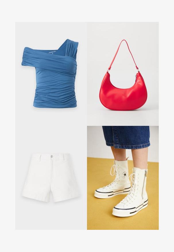 Blaues, schulterfreies Oberteil aus dehnbarem Material mit Raffungen an den Seiten und einem breiten Trägerdesign. Glatte Textur.; Weiße Jeans-Shorts mit klassischem Schnitt, ausgestattet mit einem vorderen Knopfverschluss, Gürtelschlaufen und einer glatten, strukturierten Oberfläche.; Weiße High-Top-Sneaker mit Reißverschluss, Schnürdesign und schwarzen Streifenakzenten auf einer dicken Sohle. Texturiertes Canvas-Material.; Rote synthetische Leder-Schultertasche mit geschwungener Form, schmalem Gurt und Zipverschluss. Glatte Textur mit sichtbaren Nähtedetails.