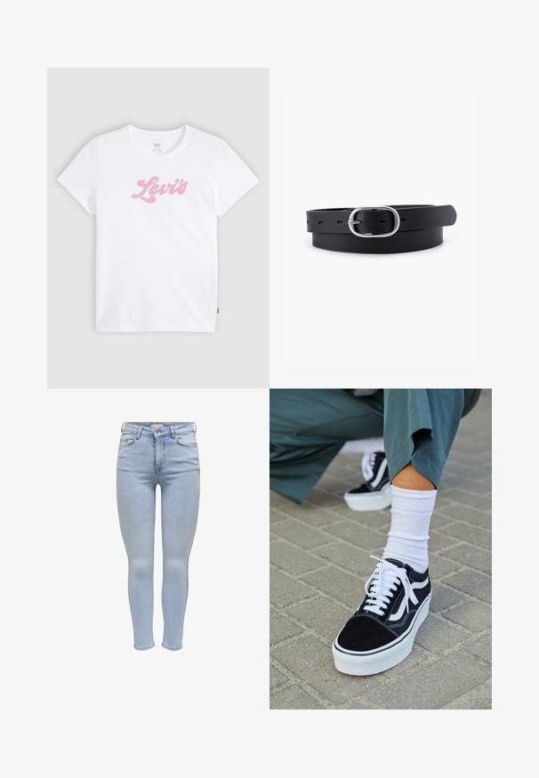 Valge lühikeste varrukatega T-särk roosa kursiivkirjas „Levi's“ logoga, mis on paigutatud rinnale keskele, esitatud lihtsal heledal taustal.; Heledad sinised skinny teksad, mis on valmistatud denimist, viis taskut, tõmblukk ning sujuv tekstuur minimaalse kulumisega.; Mustjad sametist tennisjalanõud valgete aktsentide ja nööridega, millel on paks valge tald ja kontrastsed õmblused, koos valge sokiga.; Must musträbel mustra nahkrihm, millel on siledat tekstuuri, ovaalne hõbedane metallist pandla ja mitmed reguleerimisaugu rihma ääres. Lame, minimaalne disain.