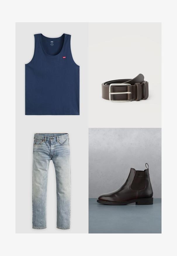Ναυτικό μπλε μανίκless μπλουζάκι Levi's με στρογγυλή λαιμόκοψη και μικρή κόκκινη ετικέτα λογότυπου Levi's στο αριστερό στήθος.; Ανοιχτό μπλε τζιν παντελόνι με ευθεία γραμμή, κλείσιμο με κουμπί, μπροστινές τσέπες και θηλύκια ζώνης, ανευρίσκεται σε επίπεδη θέση σε λευκό φόντο.; Καφέ δερμάτινη μπότα Chelsea με ελαστικά πλαϊνά πάνελ, θηλιά, και λεία επιφάνεια, τοποθετημένη σε μια υφή από τούβλο και χαλίκι.; Καφέ δερμάτινη ζώνη με ασημένια μεταλλική αγκράφα, με λεία υφή και απλό σχεδιασμό. Περιλαμβάνει θηλιά για ρύθμιση και στερέωση.