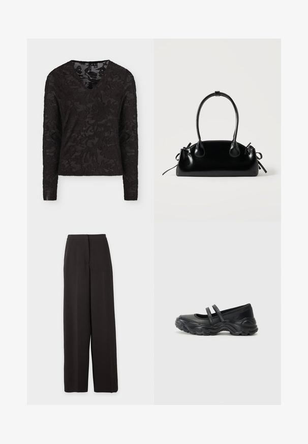 Blouse noire à manches longues avec col en V, motif en dentelle florale et tissu semi-transparent.; Pantalon noir taille haute à jambes larges avec un devant plat et une fermeture dissimulée, présenté sur un fond clair uni.; Ballerines noires en cuir avec deux brides réglables, un bout rond et une semelle en caoutchouc texturé pour une meilleure adhérence.; Petit sac à main noir brillant avec deux longues anses et des détails à cordon sur les côtés sur un fond clair uni.